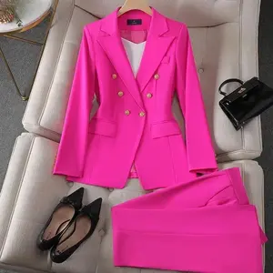Elegant 2 Piece Set Women's Clothing Double-breasted  Blazer Coat High Waist Straight  Pants Suit Femme Office Outfits