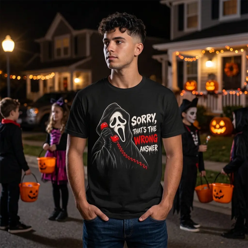 Mens Ghostface Scream Mask & "Sorry That’s The Wrong Answer" Graphic Knit Cotton Vintage Menswear T-Shirt, Horror Fan Casual Top