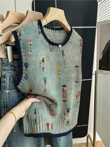 1 piece, Spring/Summer Back-to-School Casual Style Loose Round-neck Sleeveless Knitted Dark Blue With Edging Contrasting Blue Gradient Patchwork Character Print Women's Knitted Top, Casual Sleeveless Vest, suitable for layering with a jacket
