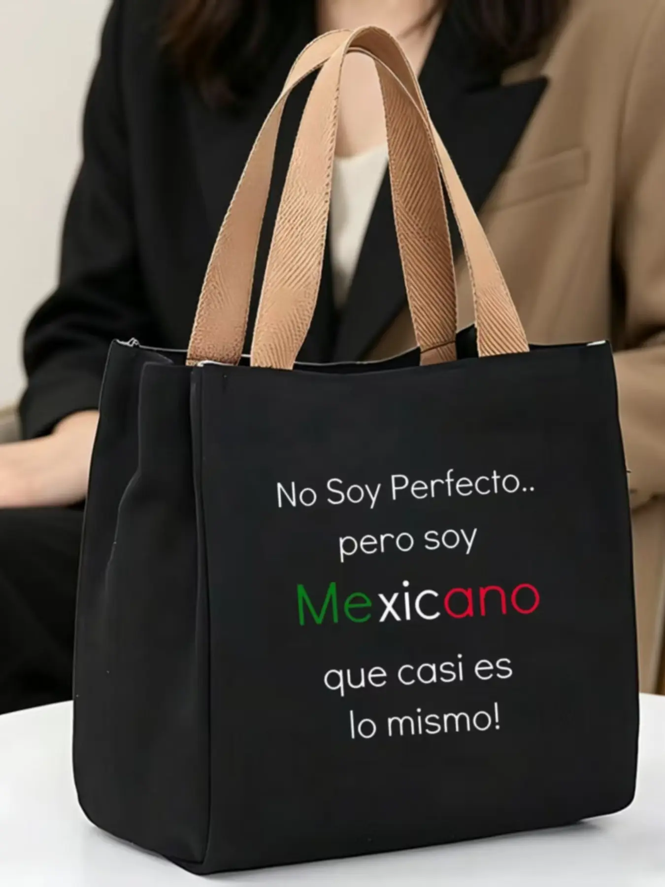 #MexicanPrideTote #NoSoyPerfectoBag | Black Canvas Tote Bag with "No Soy Perfecto pero soy Mexicano" Print, Casual Patriotic Shopper with Beige Handles, Large Capacity Handbag, Durable & Meaningful, Perfect for Mexico Culture Fans, Letter Printed Bag