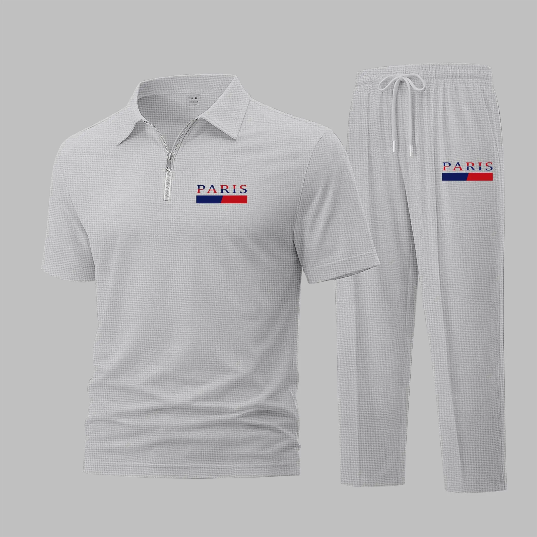 Men's 2-Piece PARIS Color-Block Letter Print Waffle-Knit Polo Shirt Set - Short-Sleeve Zip-Up Collar Top, Matching Athletic Trousers, Sporty Style Outfits Athleisure Wear Set, Activewear Athletic