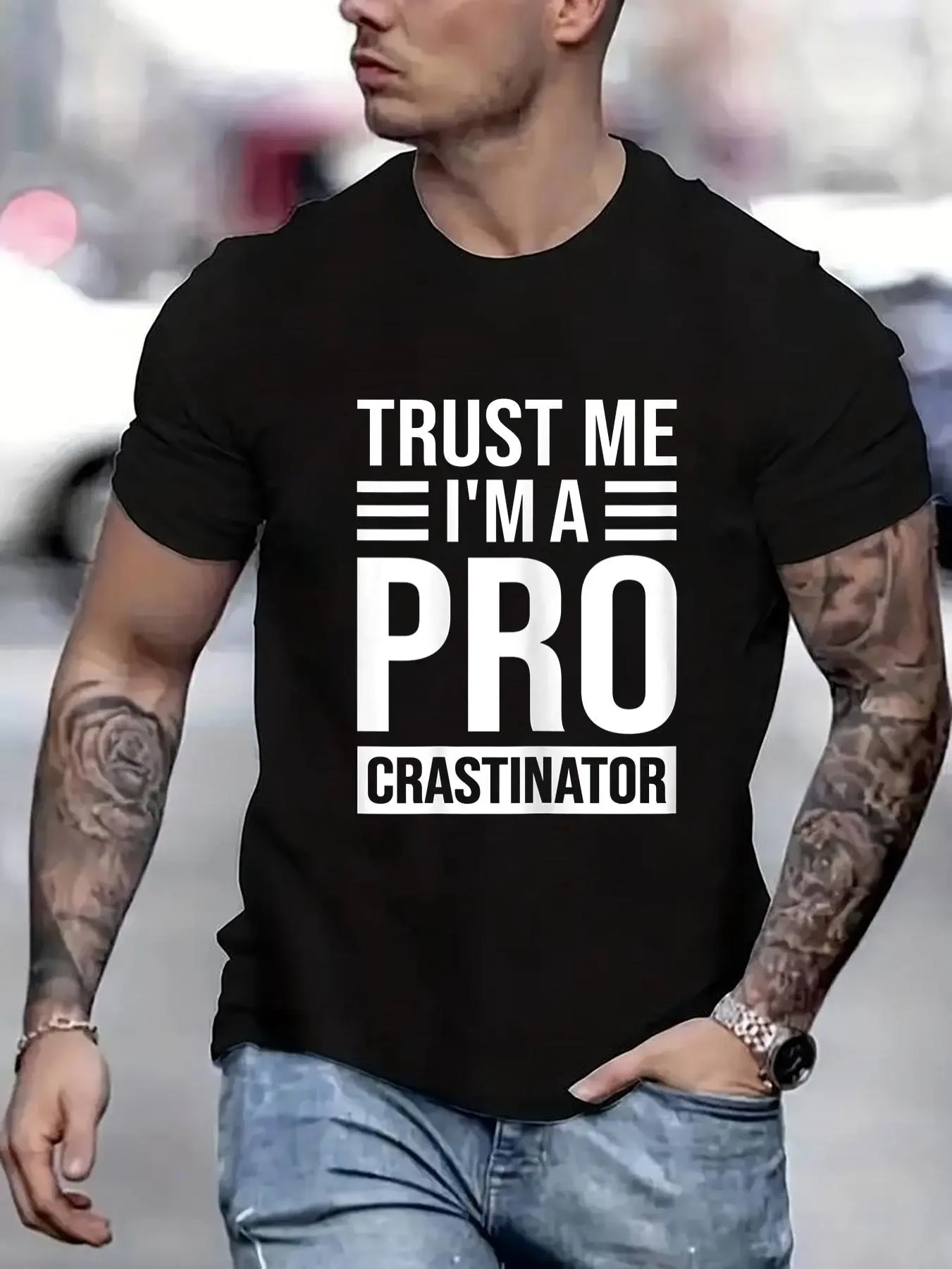 100% cotton Trust Me I'm A Pro Crastinator Procrastinator Funny Saying Printed T-shirt, Short-sleeved Crew Neck Casual Top, Suitable For All Seasons, Men's Wear