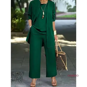 Women's Chic Solid Three-Piece Outfit Set - Comfortable Long Sleeve Cardigan, Versatile Top & Sleek Pants - Everyday Casual Wear Perfect for Office Work Shopping Daily Activities Fashionable Ladies ClothingKMyB