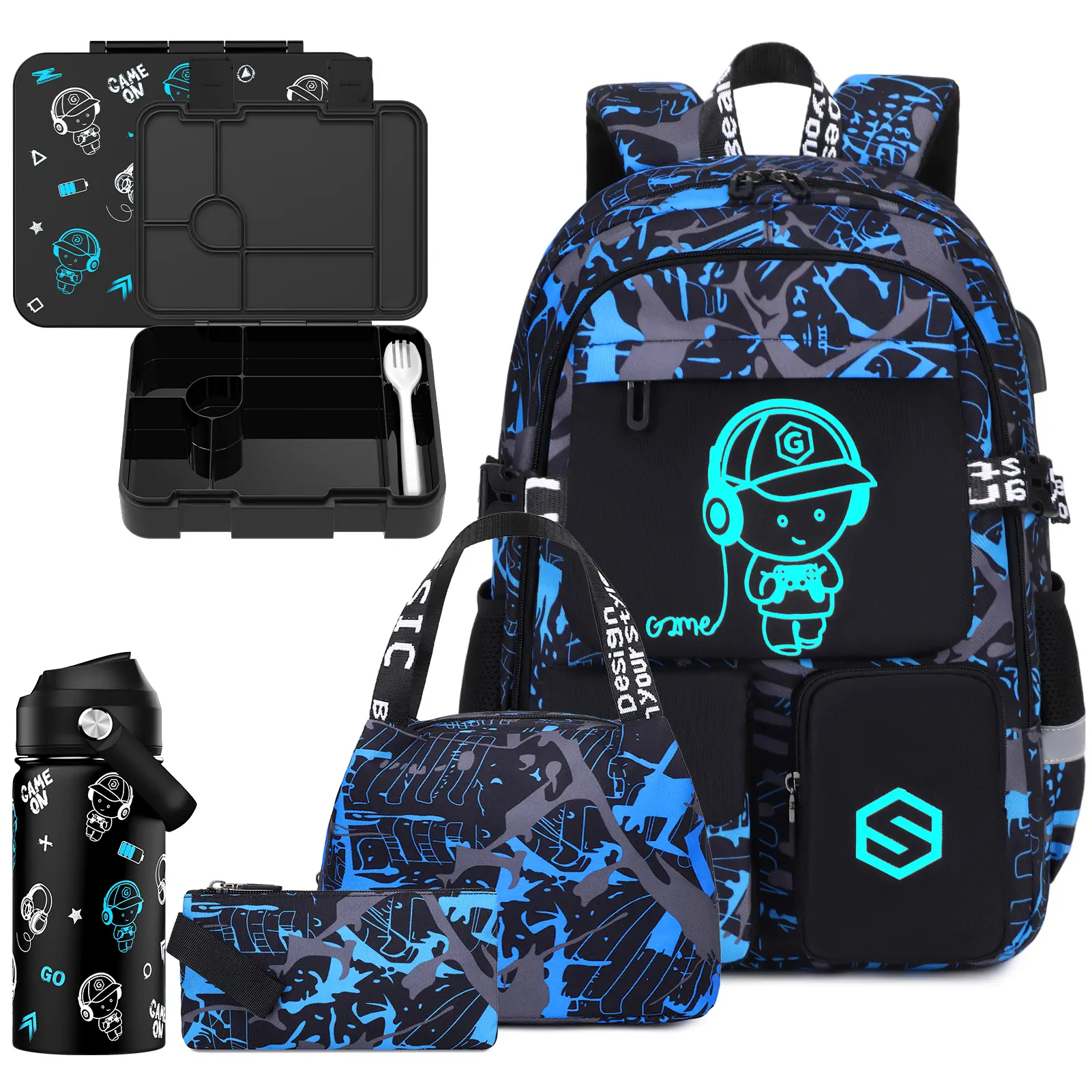 SIMILOVE Luminous Waterproof Backpack Set- Includes School Bag, Lunch Bag ,Pencil Case, Lunch Box & Water Bottle, Lightweight, School Backpack Book Bag For Back-to -School Students
