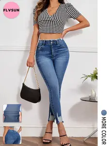 Flvsun-Women Classic High Waisted Skinny Stretch Distressed Butt Lifting Jeans Slim Fit Denim Pants Elastic Vintage Denim Jeans, Butt Lifting Design, Casual Fashion for Daily Wear