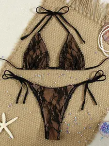Sexy Solid Color Lace Women's Party Triangle Bikini Swimwear
