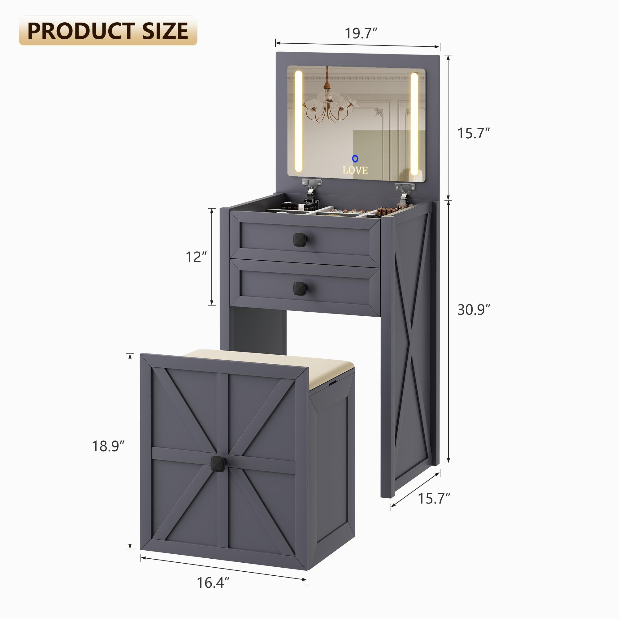 Miu Farmhouse 3 in 1 Vanity  , 3-Color Adjustable Lighting, Cushioned Stool for Bedroom Organization LED Bedside Table with Drawers Dimmable Mirror