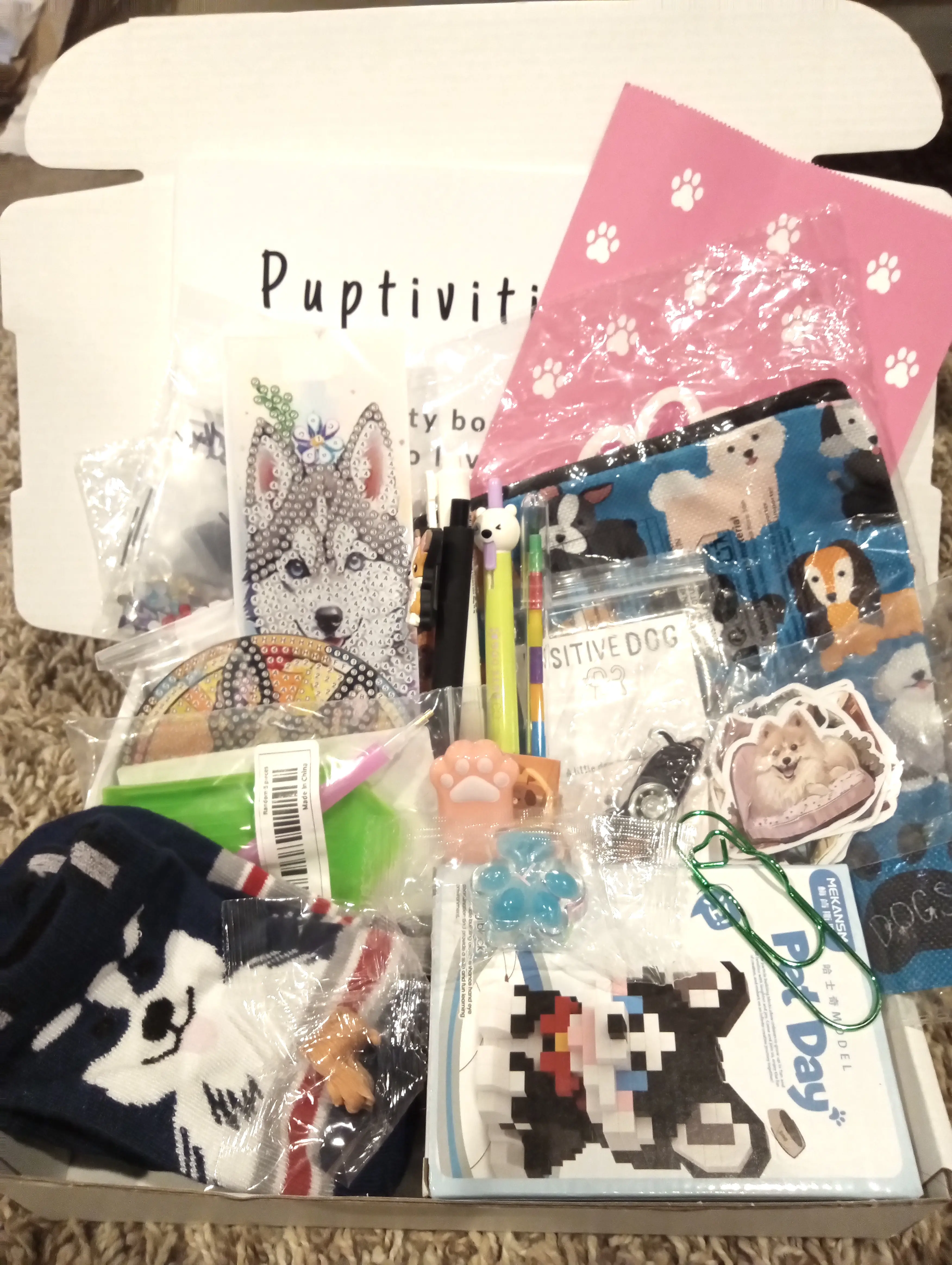 Dog Lover Activity Box, Activity Book, Building Blocks Set, Diamond Art, Stickers, Pens, Puzzles, Cozy Socks