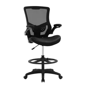 BestOffice Ergonomic Drafting Chair with Flip Up Arms & Foot Rest - Adjustable Height Mesh Stool for Standing Desks - Black Classic Office Chair with Lumbar Support & PU Leather Seat
