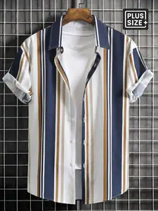 Trendy Men's Plus Size Striped Button Up | Big and Tall 2XL-6XL Summer Aesthetic | Slimming Vertical Stripe Short Sleeve Shirt | Casual Vacation Outfits for Men | Retro Resort Wear Style | High Street Daily Essential #PlusSizeFashion #BigAndTall #MenStyle