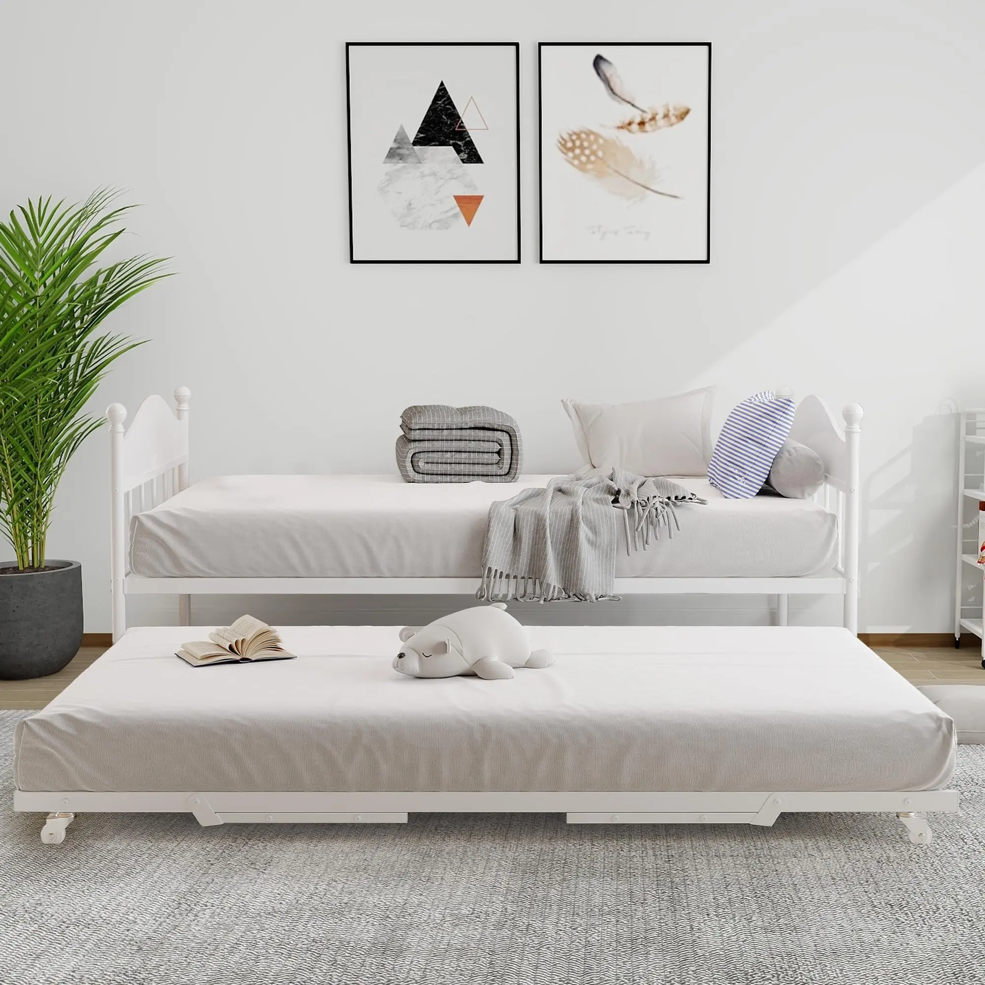 Garvee Twin Daybed with Foldable Metal Trundle, Stylish Headboard, and Sofa Bed Function for Living Room, Bedroom, and Guest Room in White