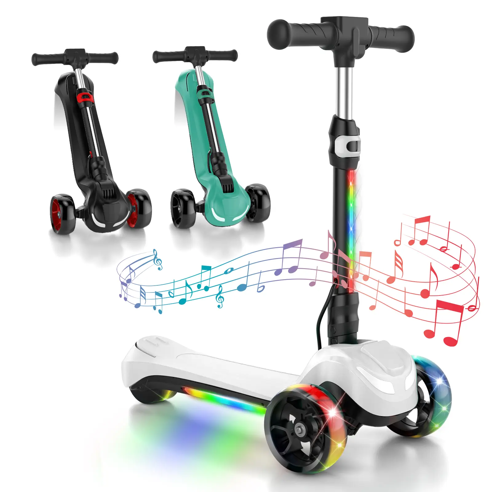 【Cute E-Ride】Summervibes Bluetooth Music Kick Electric Kids Scooter, 2-Speed, 3  Flashing LED Wheel,  Long Battery Life, 3 Adjustable Height Foldable Electric Scooter for Kids for Ages 3-12 Dealsforyou