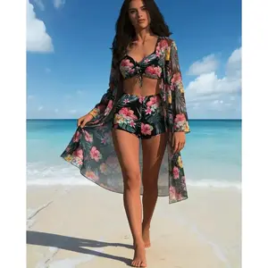 Women's 3 Piece Tropical Floral Bikini Set Long Sleeve Sheer Cover Up High Waist Bottoms Drawstring Front Beach Vacation Bathing Suit