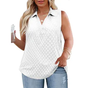 VOGARCE Womens Plus-Size-Tank-Tops Summer Sleeveless Casual Shirts Lapel V Neck Tunics Eyelet Tees Flattering Fit Dressy Casual Top  RPS2097