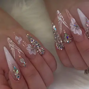 24pcs Long Sharp Nails, Princess Atmosphere, Sparkling Nail Art, Real Flower Design, Natural Look, Suitable for Manicure & Pedicure, Lasting Effect, Elegant, Perfect for Dates & Weddings
