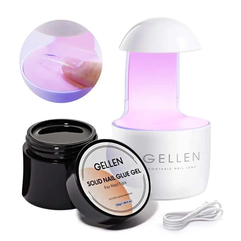 Gellen Solid Resin Nail Glue Gel Kit - 8g Smooth Gentle Formula, 8w Mini UV LED Light for Curing UV Gel, Long-Lasting Press-On Adhesive for Acrylic Fake Tips & Extensions, Salon DIY Home Manicure Gift Set