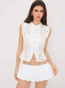 CIDER Lace Mandarin Collar Guipure Split Tank Top
