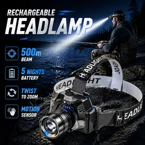 Rechargeable Headlamp,5 nights Battery Life,500m beam,Power Indicato,Zoom(Spot to Flood), Motion Sensor Switch, 90° Adjustable, Detachable Headband, Soft Light/Strobe, 1000 Lumen Constant Output, Includes Charging Cable, Power Bank