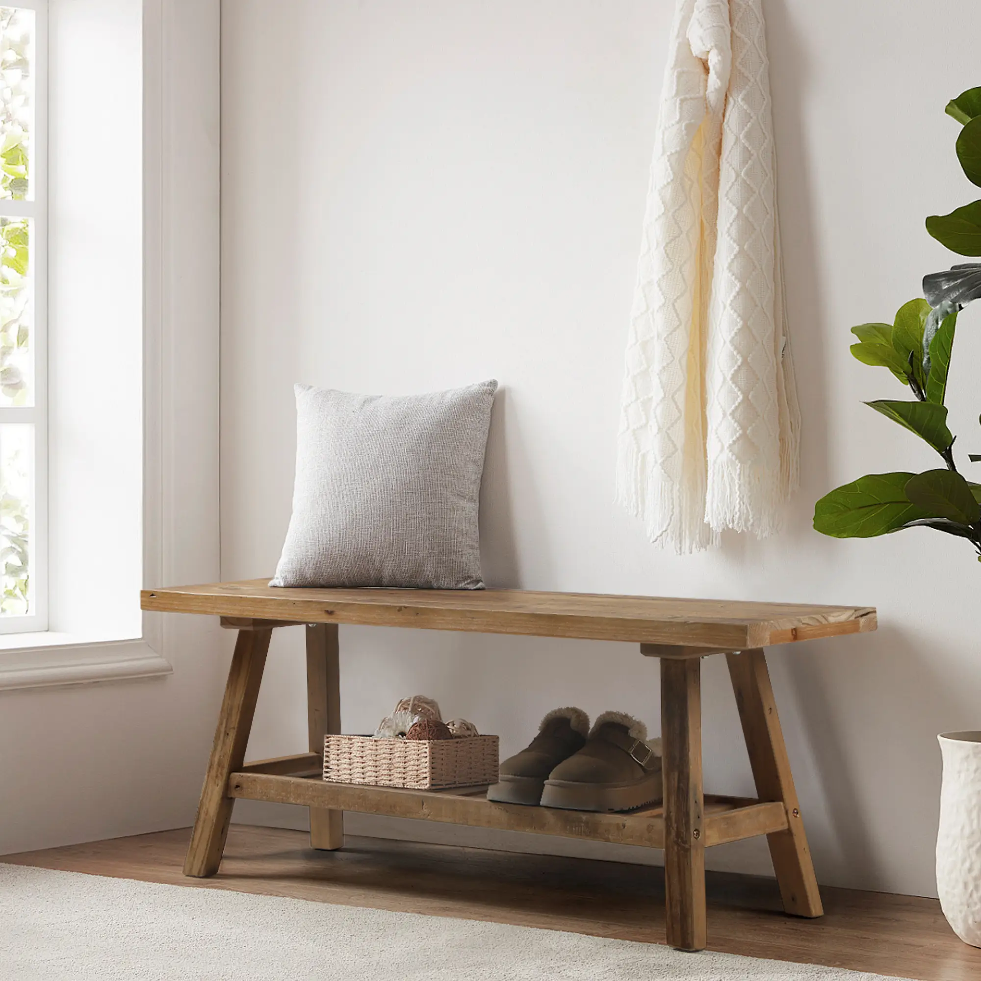 PieDle Furniture 2-Tiers Solid Wood Bench-43.3" Farmhouse Entryway Bench with Storage Shelf, Narrow Rustic Bench for Hallway, Kitchen, Bedroom, Dining