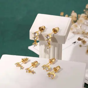 3pc Hypoallergenic Steel Earrings for Sensitive Ears 14K Gold Plated Flat Back Earrings Both Women And Men Small Stainless Steel Earrings Zircon Earrings Fashion Must Have jewelry