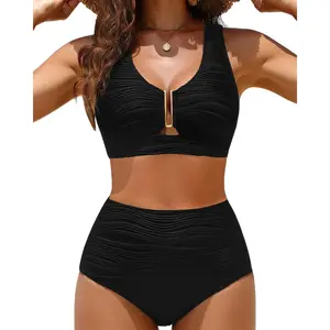 Aqua Eve Women's High Waisted Bikini Set - Tummy Control U-Wire Cutout Swimsuit Two Piece Textured Bathing Suits 2026 Swimwear