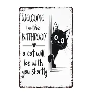Vintage Cat Bathroom Decor Signs, 8 x 12in Welcome To The Bathroom A Cat Will Be With You Shortly, Funny Metal Sign for Restroom Wall Decor