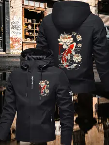 Men's Hooded Windbreaker Jacket Koi Fish Lotus Print Chinese Street Style Japanese Trendy Design Casual Urban Fashion Daily Wear Statement Piece For Modern Men