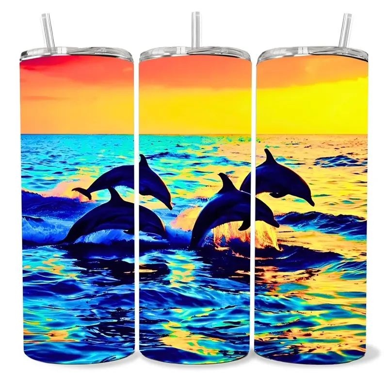 Dolphins 20 oz Tumbler - BPA Free, Stainless Steel, Leak Proof, Clear Lid, Includes Straw