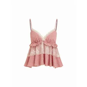 Cider Gingham Sweetheart Lace Panel Ruffle Cami Top SwimWeek
