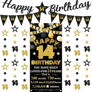 14th Birthday Decorations Banner Boys - 9 Pcs Black Gold Happy 14th Bday Backdrop Triangle Flag Glitter Number 14 Star Hanging Garland Background Party Supplies for Girls Fourteen Year Old Decor