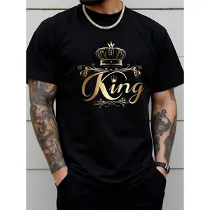 Manfinity LEGND Plus Size Men's Black Casual Short Sleeve T-Shirt With Prominent Gold "KING" And Crown Print Design, The Gold Adds A Sense Of Authority And Nobility To The Modern And Exquisite Aesthetics, Giving A Touch Of Royal Elegance, Making It A Idea