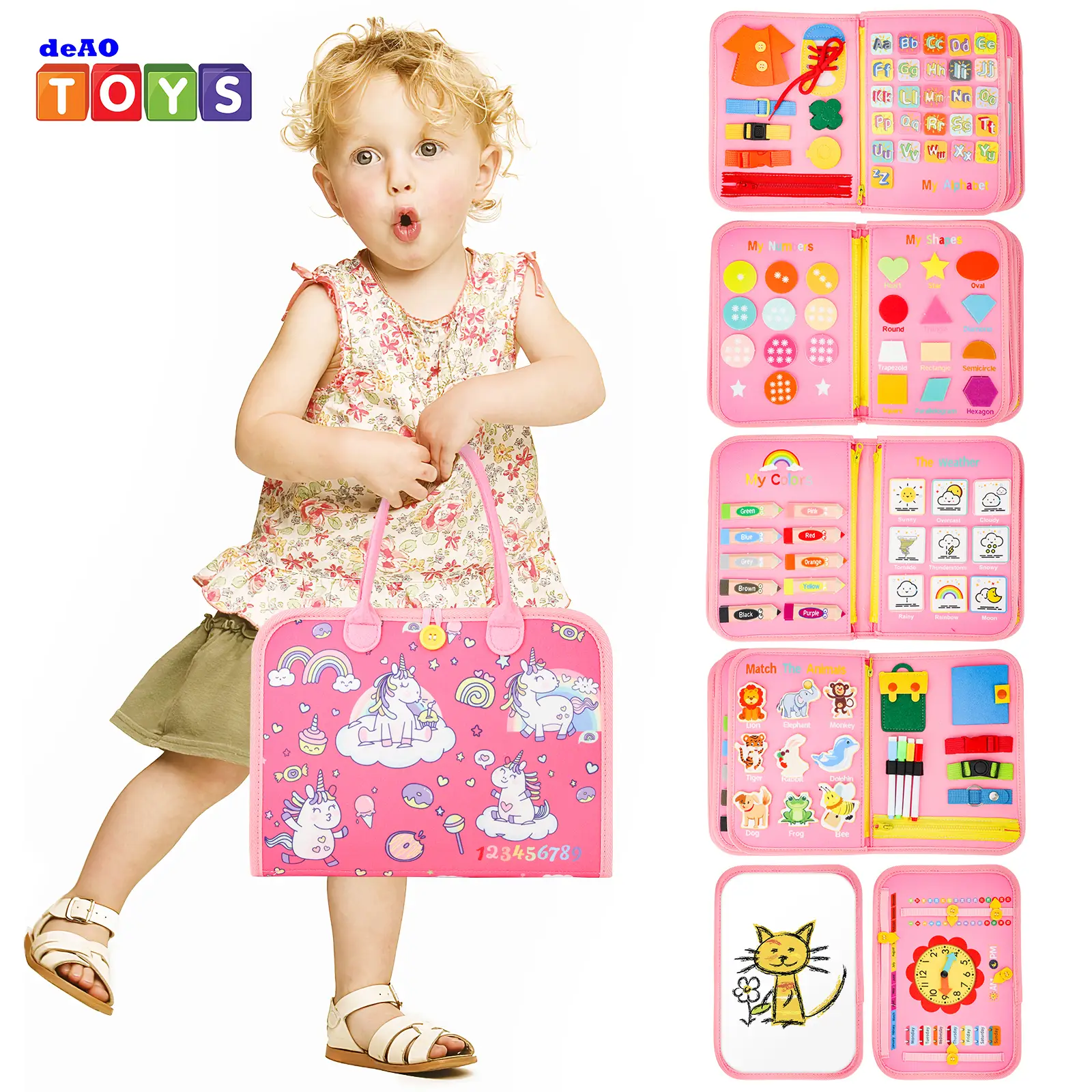 deAO Busy Board,Sensory Montessori Toys 10 Pages Quiet Book Travel Toys - Preschool Learning Activities with Life Skills, Alphabet, Number, Shape, Col