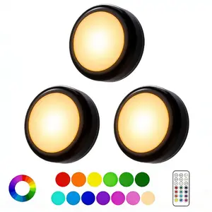 LED Puck Light, 3 Counts Battery Powered Dimmable Under Cabinet Light with 1 Wireless Remote Control & Dimmer & Timmer, Novelty Lighting for Closet Bedroom Kitchen, Indoor Lighting, Color Changing Lights