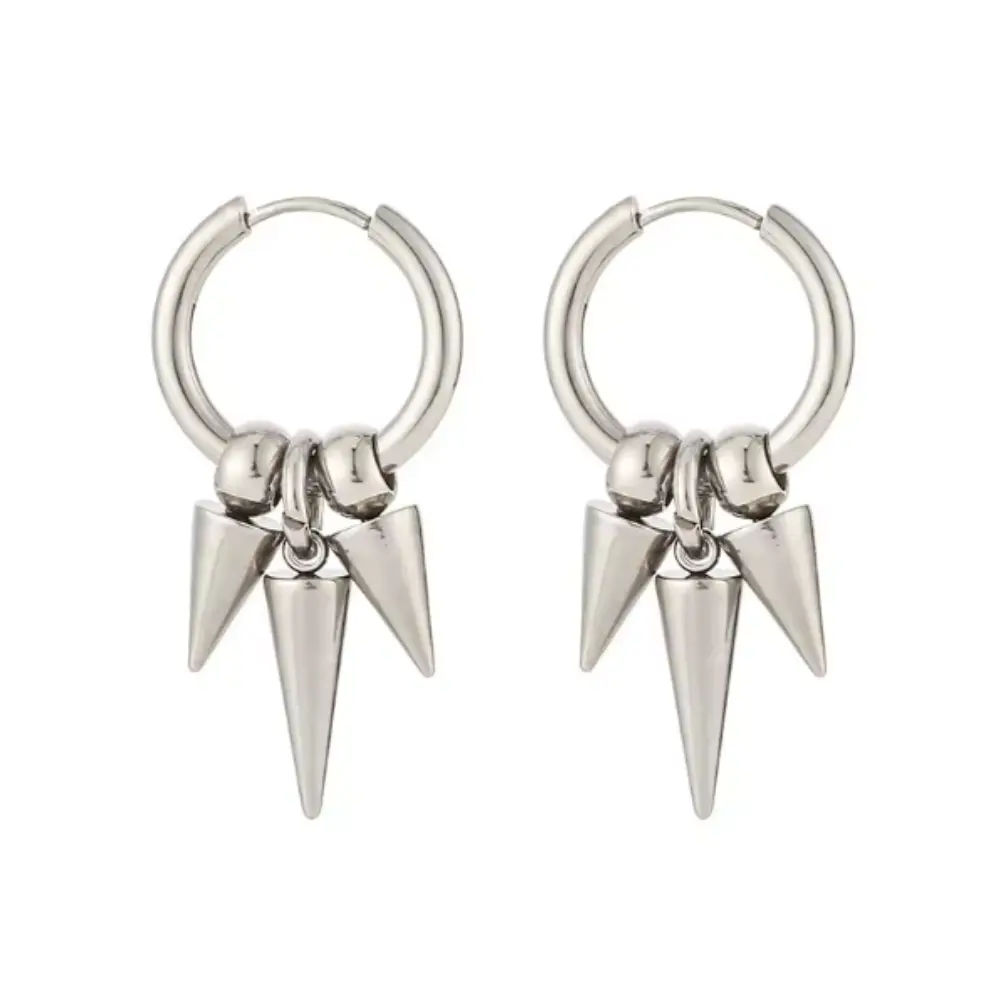 Triple Spike Dangling Hoop Earrings - Pair - Stainless Steel