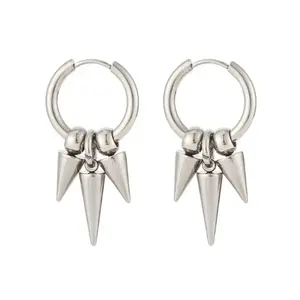 Triple Spike Dangling Hoop Earrings - Pair - Stainless Steel