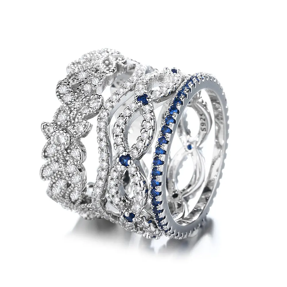 Blue and White Sapphire Ring Set in Sterling Silver (Stackable)
