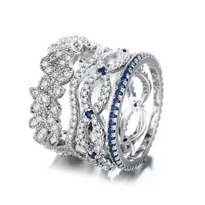 Blue and White Sapphire Ring Set in Sterling Silver (Stackable)