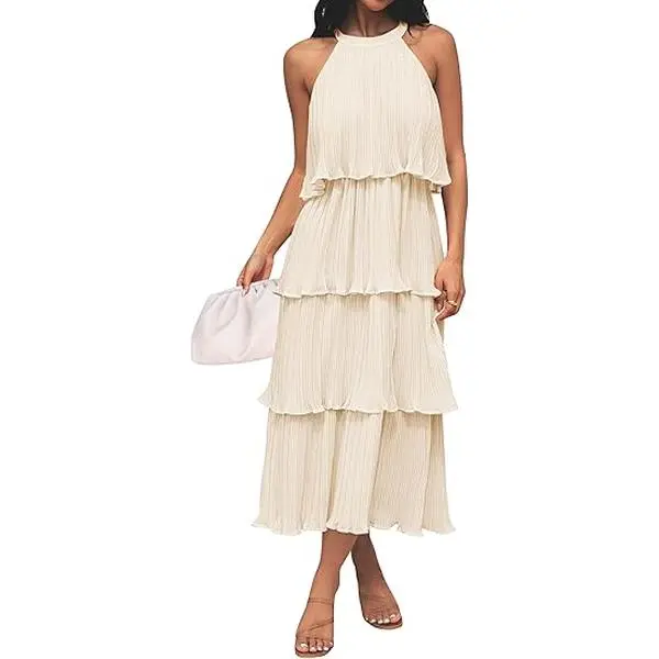 ZESICA Women's 2025 Summer Sleeveless Halter Neck Ruffle Tiered Layed Chiffon Flowy Swing Long Midi Dress ZESICA Women's 2025 Summer Sleeveless Halter Neck Ruffle Tiered Layed Chiffon Flowy Swing Long Midi Dress