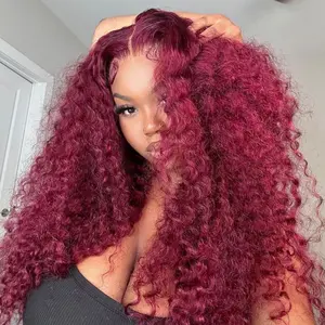 Moreface Beauty 99j Burgundy Lace Front Wigs Water Wave Lace Front Wigs Human Hair Pre Plucked Red Curly Human Hair Wig 13x4 HD Colored Frontal Curly Wig Human Hair for Women