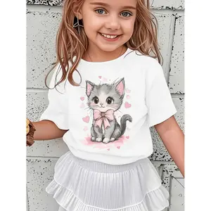 Summer Fashion Short-Sleeve T-Shirt for Girls Featuring a Cute Kitten with a Pink Bow And Heart Cartoon Print, a Versatile Casual Top