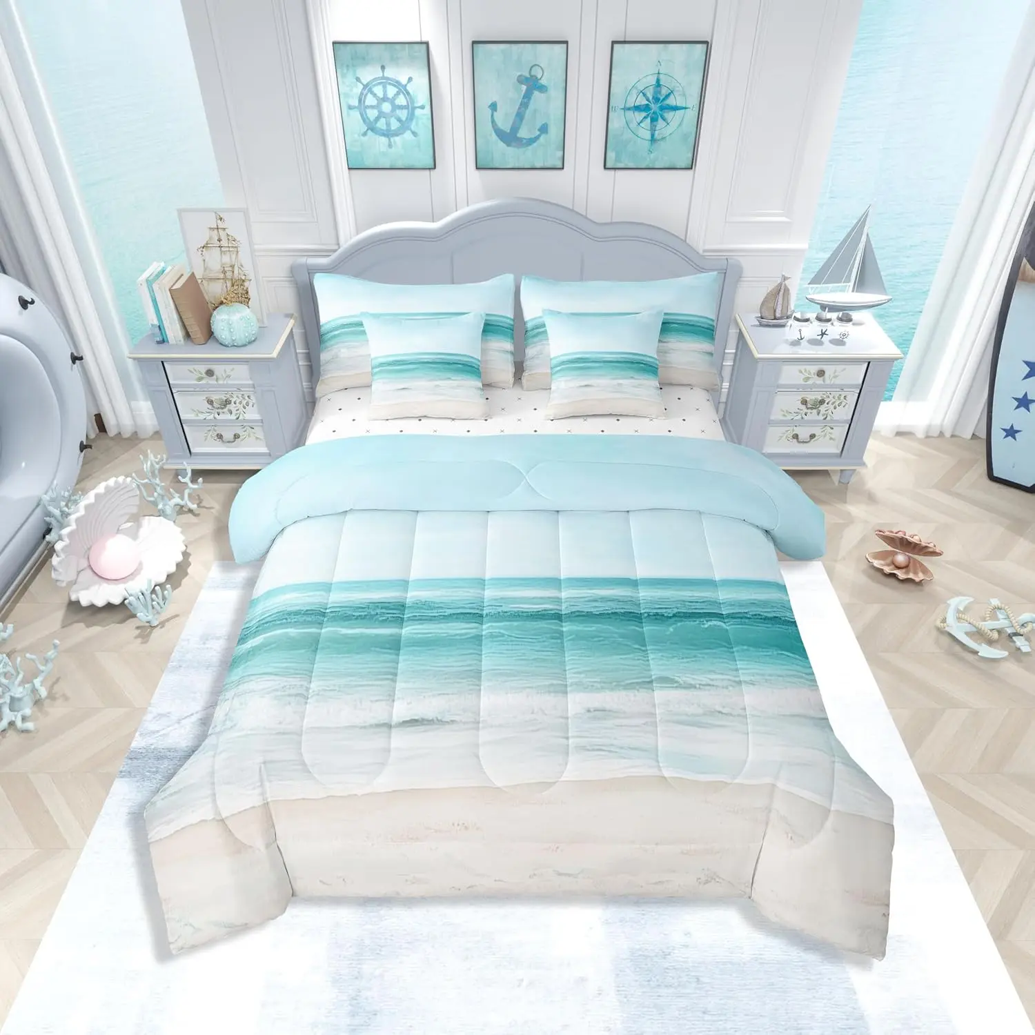 Ocean Comforter Set with Sheets Beach Theme 7 Pieces Bedding Set Coastal Nautical Bed in a Bag Breathable Starfish Seashell Conch Bed Set Hawaiian Beach