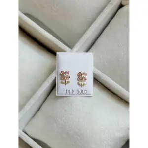 14K GOLD Four Petal Flower CZ Earrings