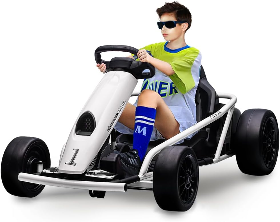 Electric Drift Go Kart for Kids 8-12, 24v Ride on Toy Car with Dual 300w Motors, 8MPH High Speed, Music, Slow Start & Seatbelt, Outdoor Racing Drift K