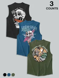 Men's 3-Pack Tropical Skull Graphic Sleeveless Tank Tops, Summer Beach Vacation Print Casual Vests, Streetwear Surf Fashion #SkullTankTop #SummerStreetwear #BeachWear #SurfStyle #TikTokMadeMeBuyIt