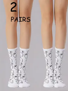 Cartoon Ghost Print Mid-Calf Socks, Fun Halloween Footwear, Comfortable & Stylish Stocking Accessories, Perfect Gift Idea