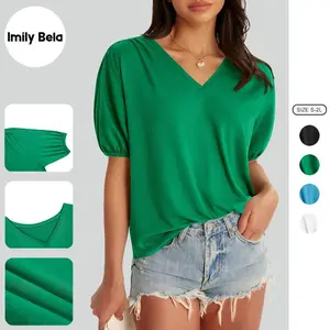Imily Bela Womens Puff Short Sleeve T-Shirts V Neck Summer Casual Pleated Tops Loose Fit Curved Hem Tees