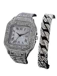 Men's Rhinestone Decorated Square Quartz Watch Set, Fashionable Quartz Watch with Bracelet, Perfect Gift or Daily Wear