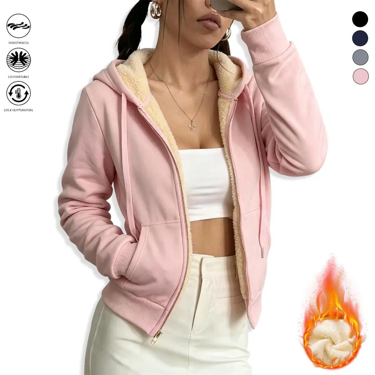 Cropped women’s fleece hoodie cardigan, solid color, warm and thick, suitable for outdoor sports and casual wear; women’s sweatshirt, women’s jacket, women’s top, womenswear
