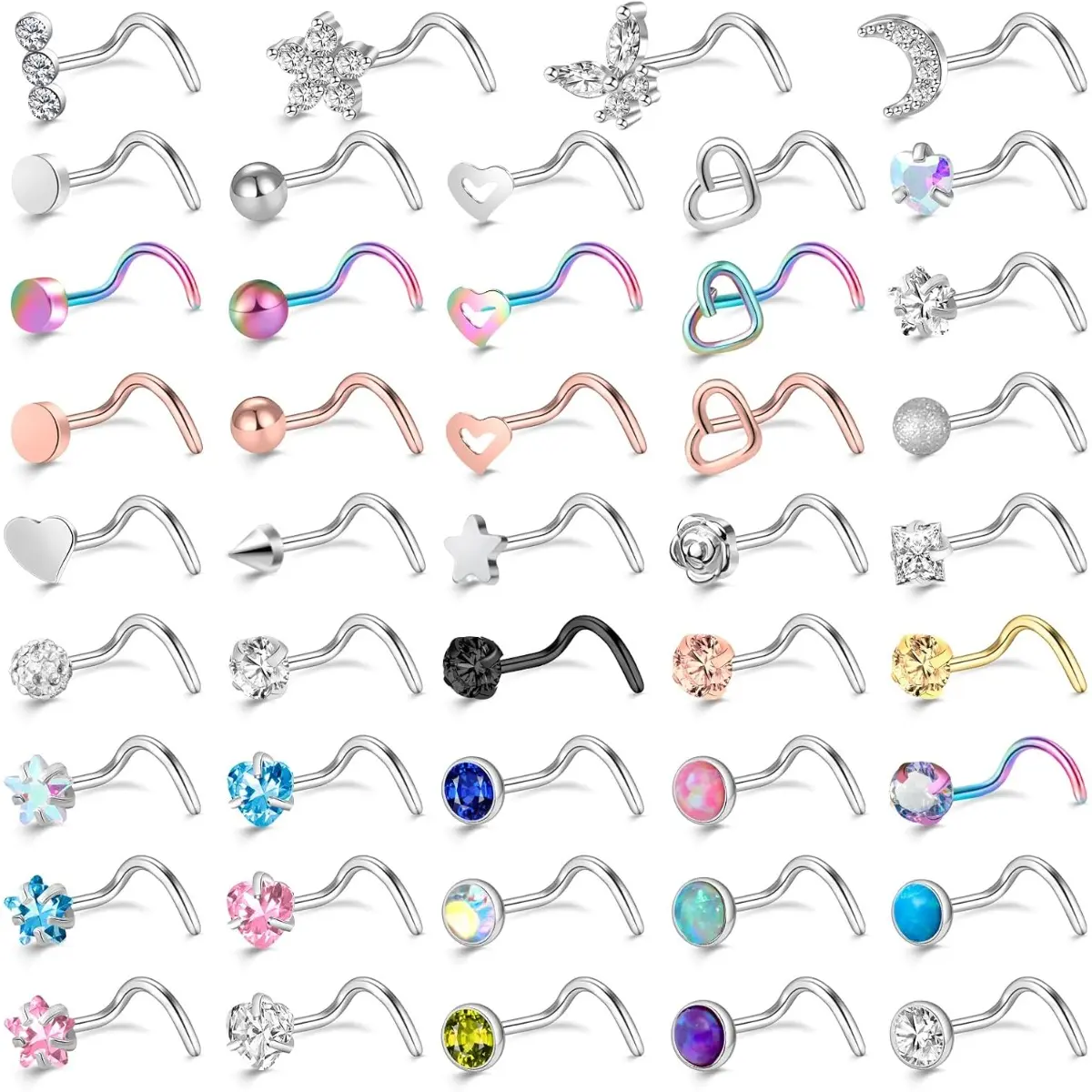 44 Pack Nose Studs Set, 20G Hypoallergenic Surgical Stainless Steel Spiral Nose Rings with Moon, Star & CZ Designs for Women & Men, Nose Piercing, Piercings