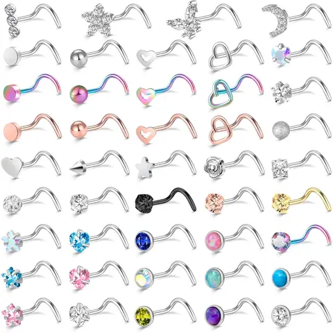 Women's 44-Pack 20G 316L Hypoallergenic Rust-Resistant Surgical Stainless Steel Nose Studs Set - Heart/Moon/Zirconia Designs, Spiral Nose Ring Jewelry, 0.12-0.24in Top Ball, 0.25in Length, Christmas Anniversary Piercing Accessories